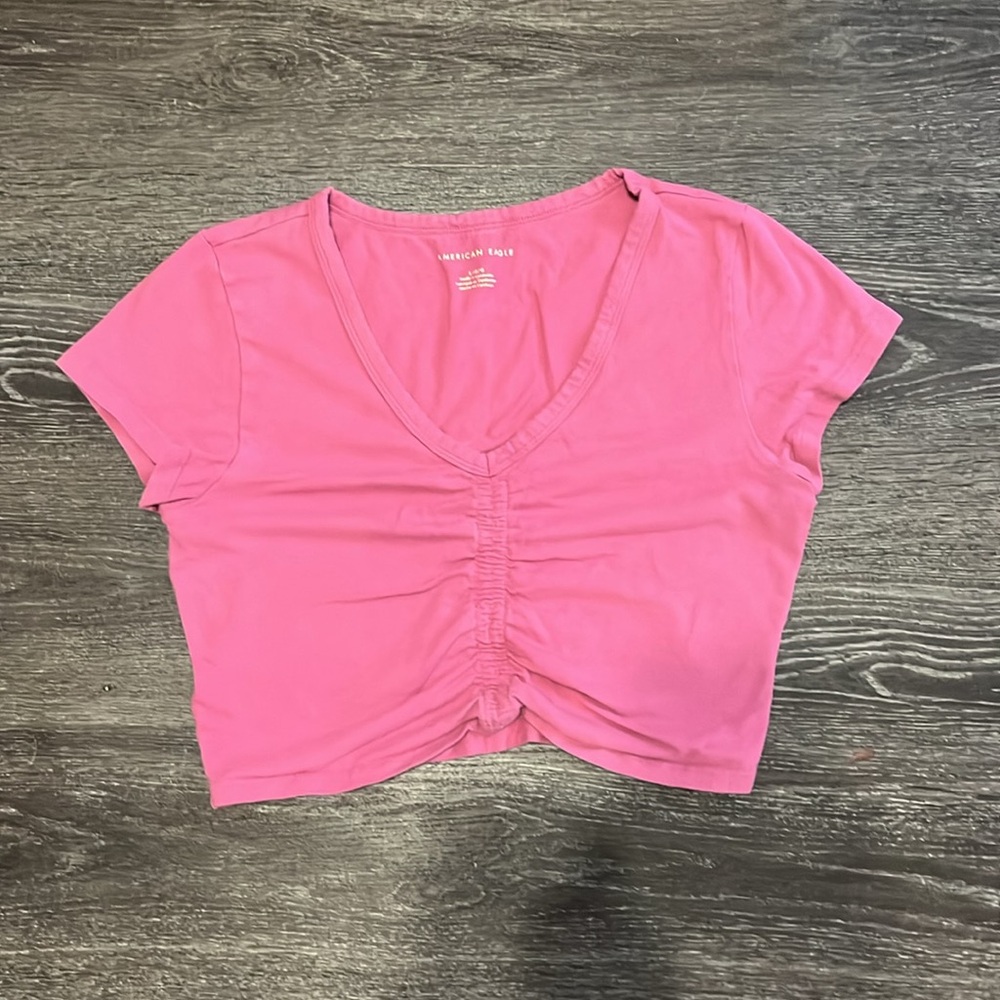 American Eagle Burgundy Crop Top with V-Neck and Cap Sleeves